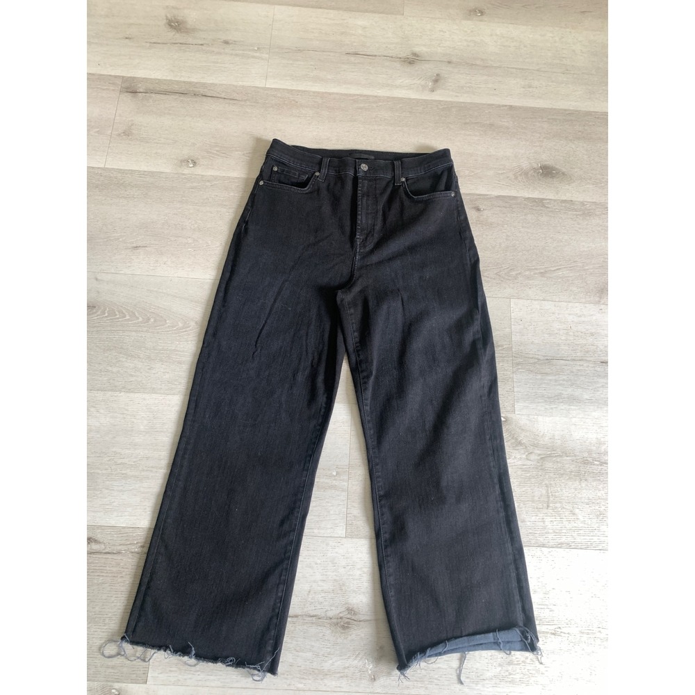 7 For All Mankind Cropped Alexa Wide Leg Black Jeans Raw Hem Size 31